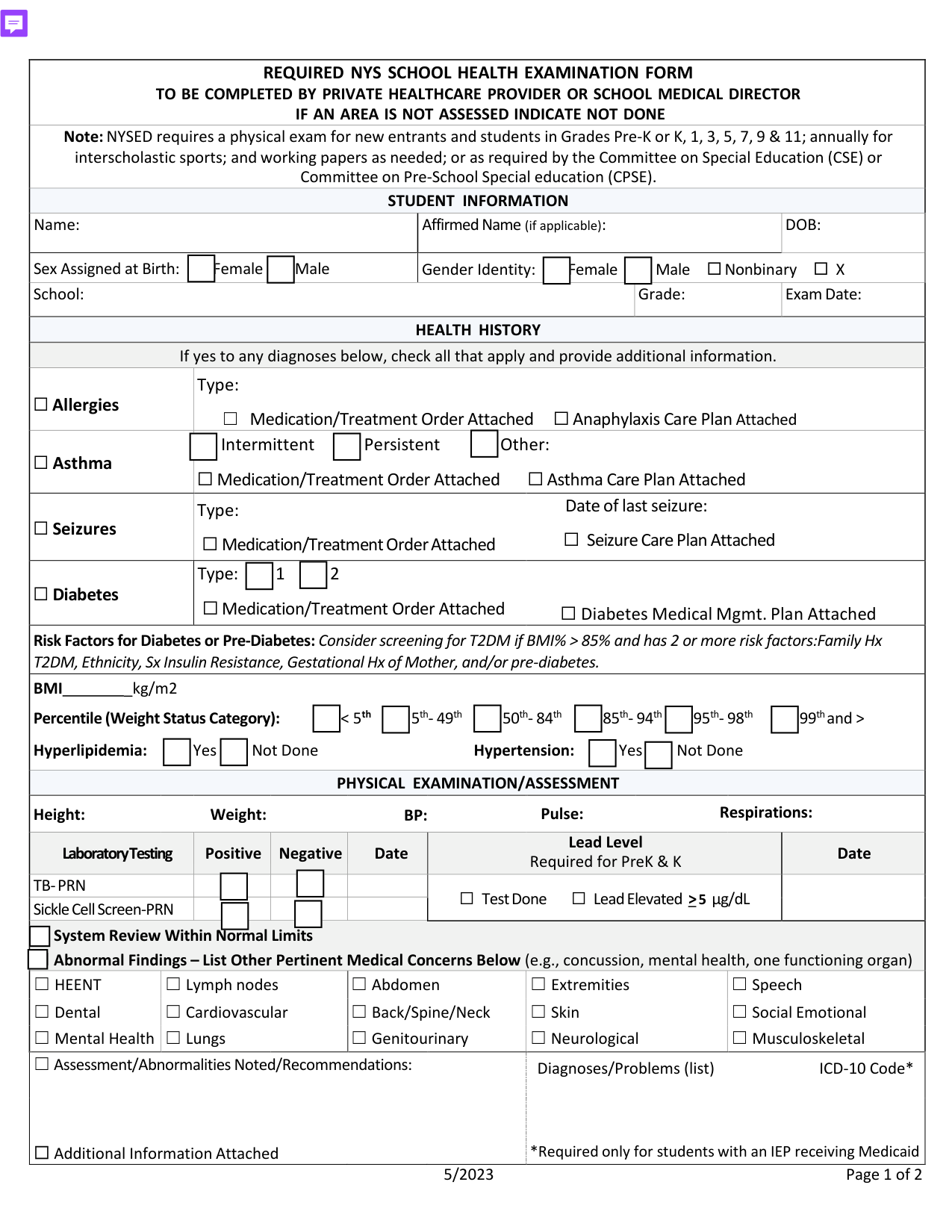 Preview of Health Exam Form
